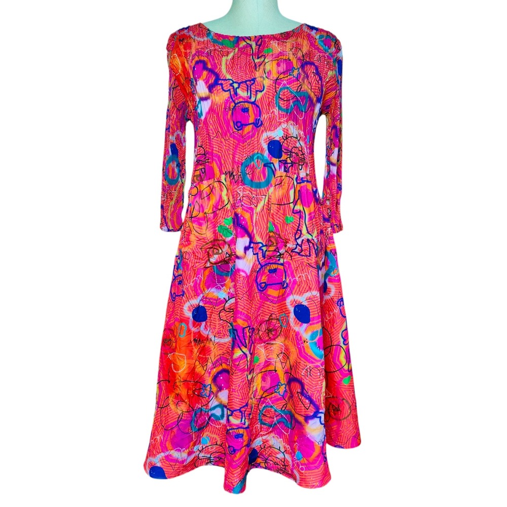 Alquema Smash Pocket Midi Dress Crinkle Pleat Abstract Cat Graffiti Print Sz 1